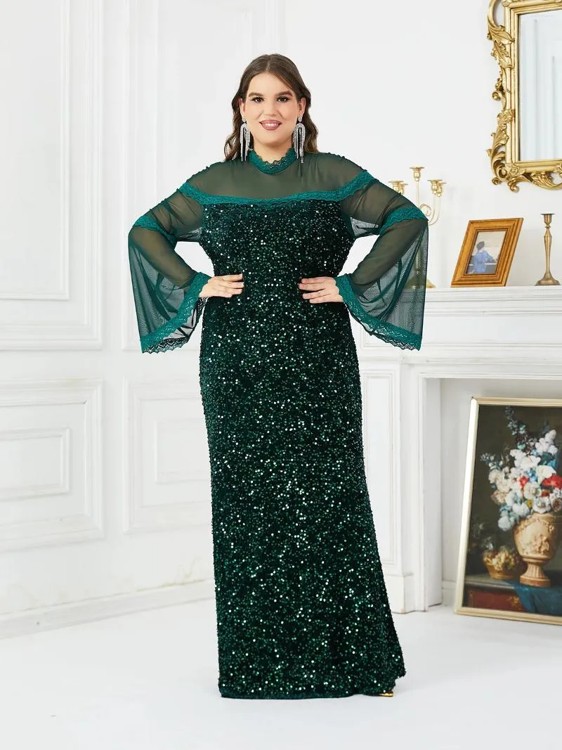 Robes de grande taille mode Style occidental femmes robe longue manches évasées col rond dentelle Squins Patchwork lâche élégante dame 2023