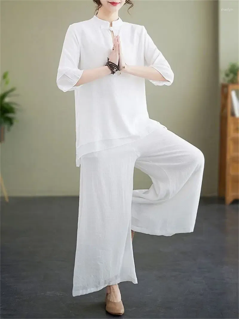 Женские брюки из двух предметов, летние китайские винтажные брюки-стойка с воротником-стойкой и пряжкой, хлопковый льняной костюм, комплект в национальном стиле, однотонные повседневные штаны для йоги