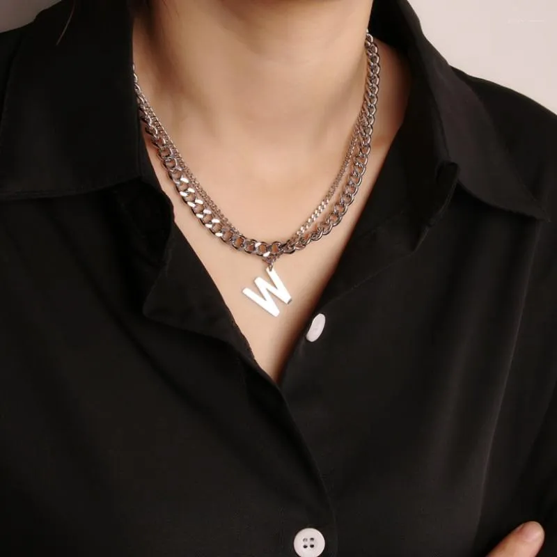 Anhänger Halsketten 316L Edelstahl Mode Gehobenen Schmuck Hip Hop 2 Schicht Buchstabe W Charms Dicke Kette Halsband Halskette Für Frauen