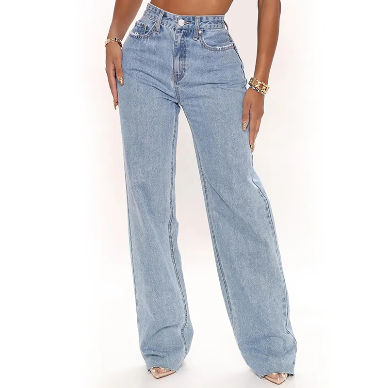Jean femme Stretch femme jean taille haute jambe large Streetwear mode Vintage ample bleu lavé maman jean pantalon droit 230424