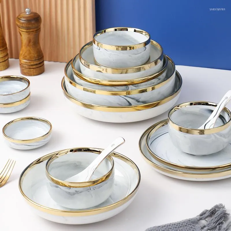 Teller Nordic Gold Rim Keramik Geschirr Set Grau marmoriert Teller Suppenschüssel Teller Löffel Home Einfaches Luxusbesteck