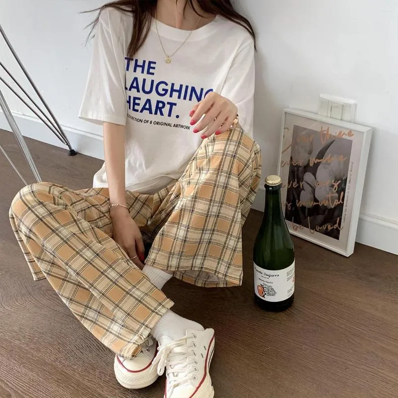 Kvinnors byxor Spring och Autumn Preppy Style Female Students Plaid Loose Straight Canister Elastic Midje Woman Casual Empired Byxor