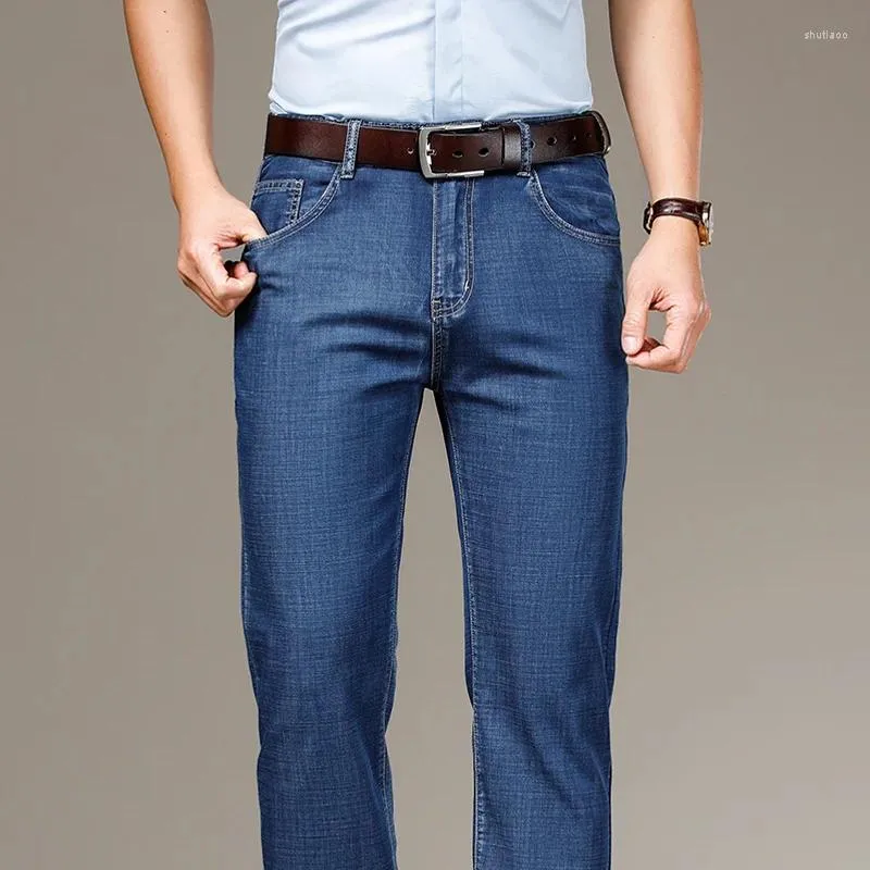 Jeans da uomo in tessuto modale stile classico sottile blu-grigio pantaloni di jeans dritti alla moda primaverile ed estiva da uomo