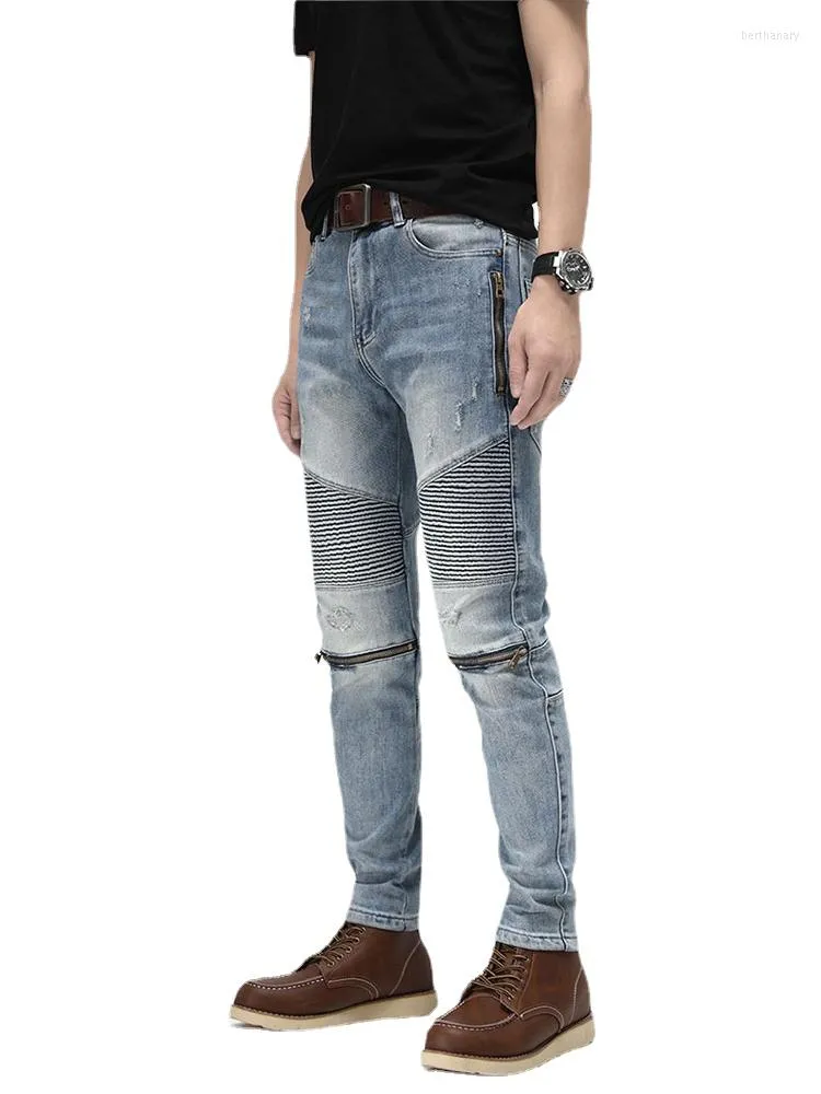 Herr jeans knä blixtlås lapptäcke veckad mager denim män casual smal cyklist byxor mode streetwear hip hop byxor joggar