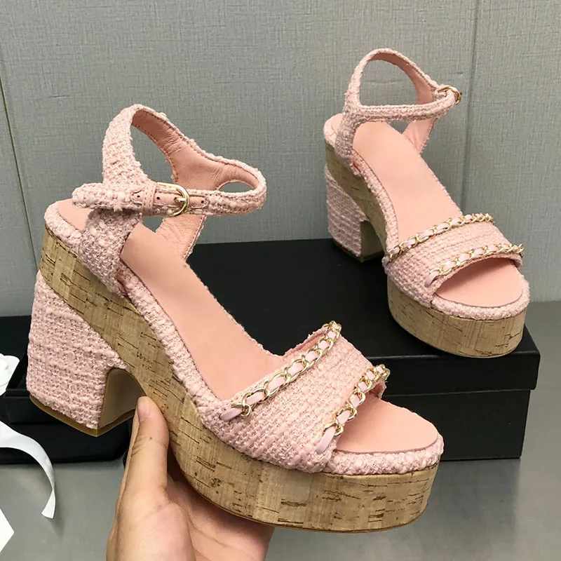 23ss Tweed Womens Sandals Platform Heels Slingbacks Sheepskin Dress Shoes Adjustable Ankle Buckle Wedding Shoe Classic Light Pink With Chain Slides Casual Shoe