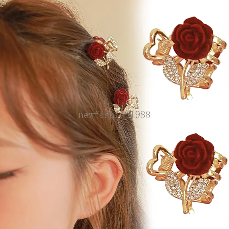 Neue exquisite Strass kleine rote Rose Clip Haarspangen Damen süße gebrochene Haare Seite Pony Clip Haar-Accessoires