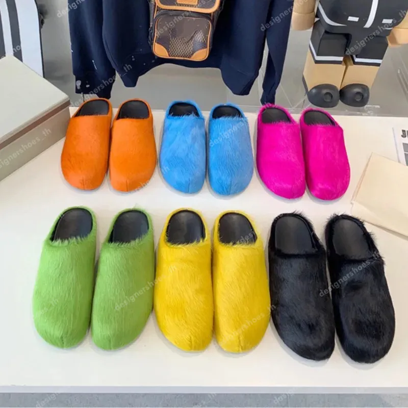 Designer bont slippers vrouwen mannen rond teen marn paarden haarglaasjes vrouwelijke zwarte roos rood groen muildieren schoenen plat half slipper vrouw casual harige pluche schoenen