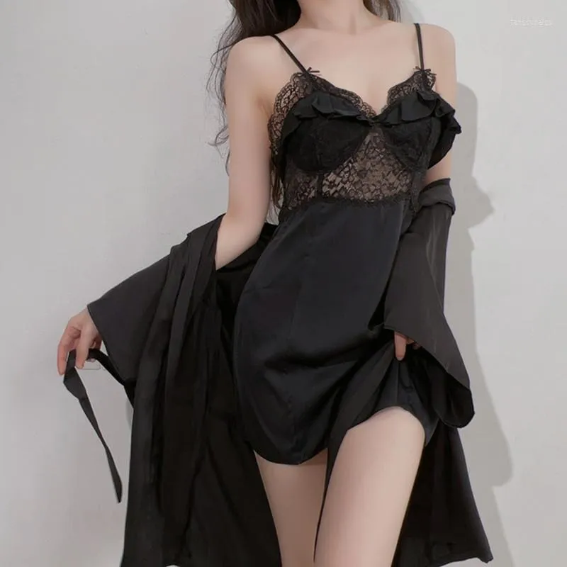 Women's Sleepwear Sexy Lace Ruffle Twinset Robe Set For Women Rayon Backless Nighty&robe Suit 2Pcs Intimate Lingerie Kimono Gown