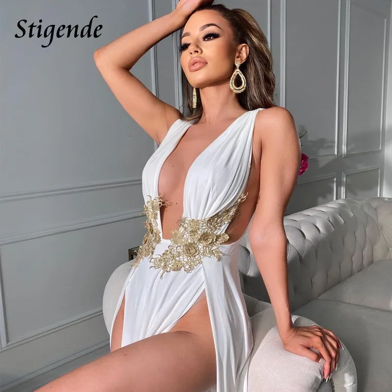 Casual Dresses Stigende Floral Appliques Night Club Women Deep V Neck Special Endan High Split Wedding Cocktail Party 230424