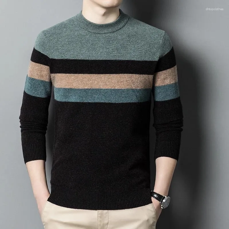 Men's Sweaters Warm Sheep Wool Clothes For Men Autumn & Winter O-Neck Wide Stripes Sweater Patchwork Colors Cashmere Jumpers