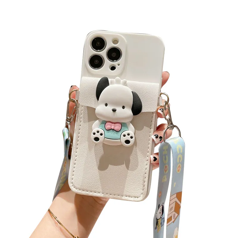 Cartoon Cute Dog Cell Phone Cases Crossbody Wallet Phone Case For IPhone15 plus Apple 14 promax 13 12 mini Shockproof Insert Card TPU Full Cover With Strap Retail