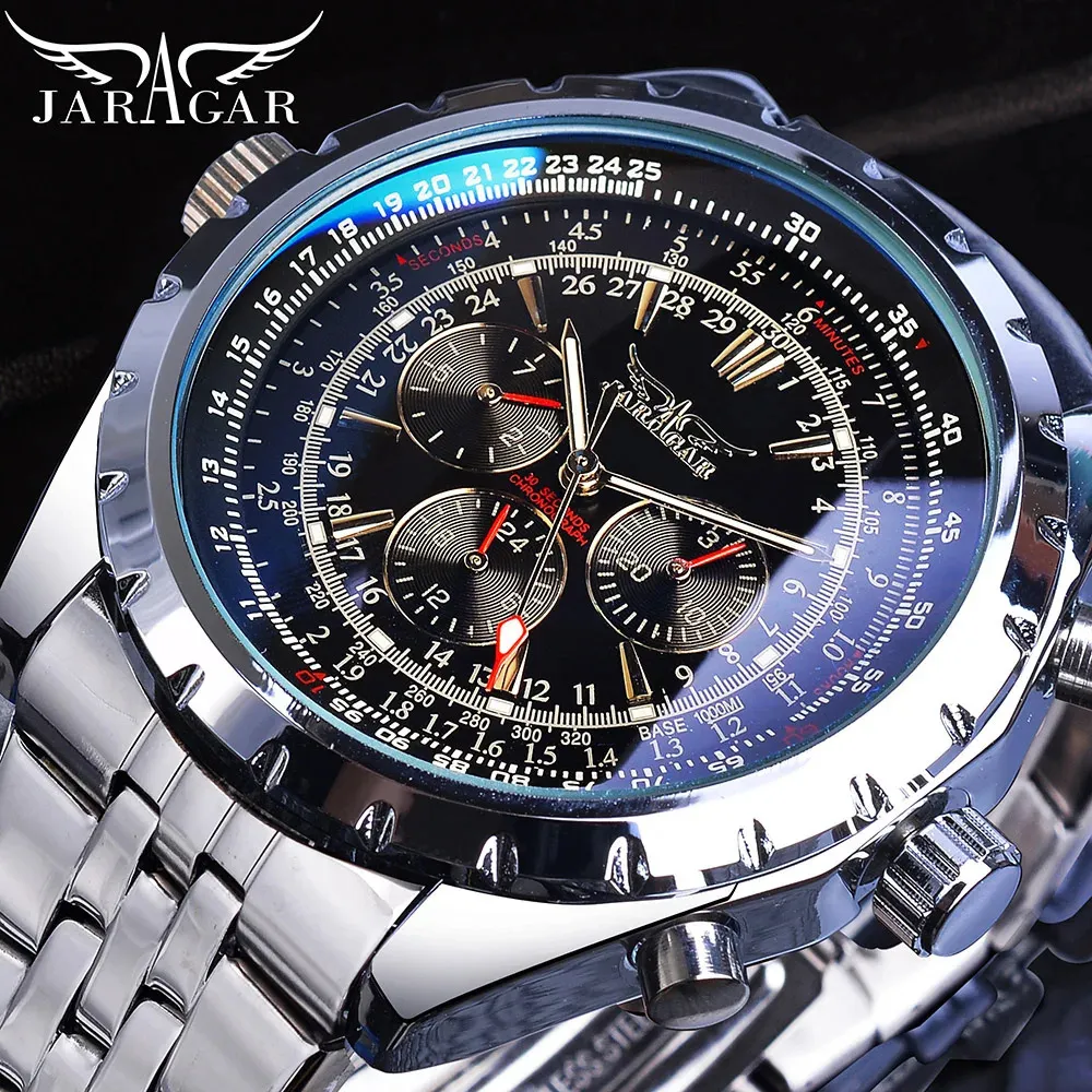 Autres montres Jaragar Blue Glass Design Black Silver Montre automatique en acier inoxydable Date Horloge Lumineux Hommes Business Montre-bracelet mécanique 231123