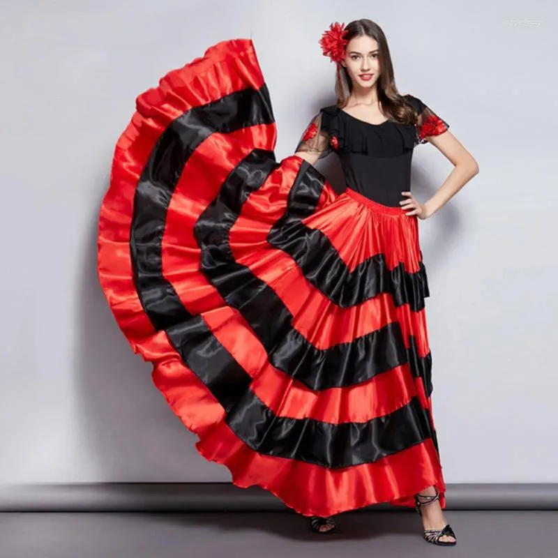 Stage Wear Gonna zingara per adulti per donna Flamenco spagnolo a righe in raso con grande swing gonne da danza del ventre prestazioni di squadra
