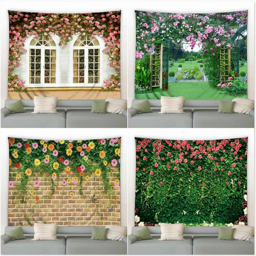 Wandtapijten Roze Bloemen Groene Planten Landschap Tuin Achtergrond Decor Tapijt Landelijk Landschap Muurschildering Muur Hangend Slaapkamer Slaapzaal Thuis Deken 231124