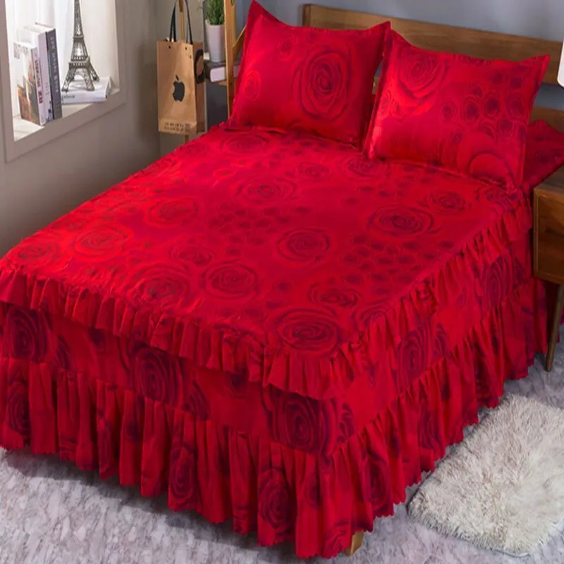 Gonna da letto Gonna da letto in pizzo rosso a tre strati Gonna da letto morbida rossa Gonna da letto in cotone estivo King Queen Size con federa 2 pezzi 230424