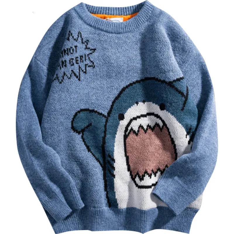 Jaquetas masculinas Shark Sweater Homens Inverno Cartoon Harajuku Coreano Y2K Oversized Turtleneck Hip Hop Solto Knit Jumper Pulôver Gola Alta 231123