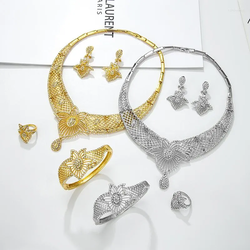 Collier boucles d'oreilles ensemble bijoux de mode femmes 24K argent plaqué or bracelet anneaux 4 pièces filles Nigeria mariée