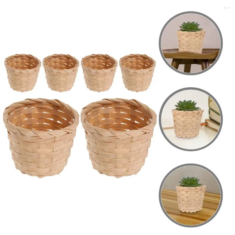 Servis uppsättningar Mini Woven Basket Miniature Flower Dollhouse Picnic Tiny Party Favor Container Woodchip Handtag tomt trä