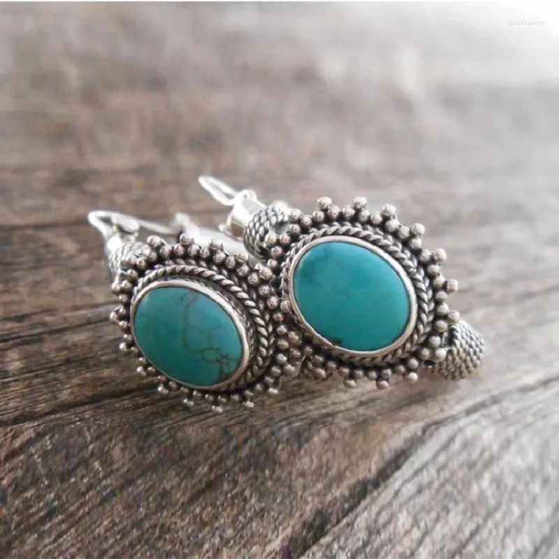 Hoop Earrings European And American Fashion Retro Turquoise Bohemian Oval