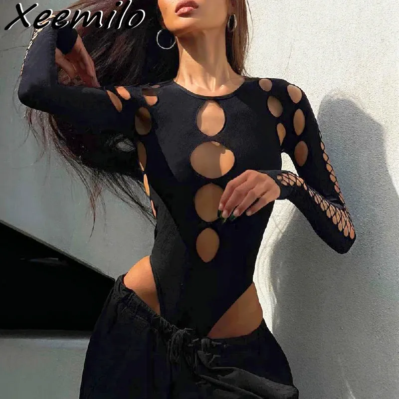 Phemens plestuits rompers xeemilo sexy dot hollow out bodysuit y2k gothic punk long sleeves bodycon tshirt women antumn street streetwear bodysuits 231123