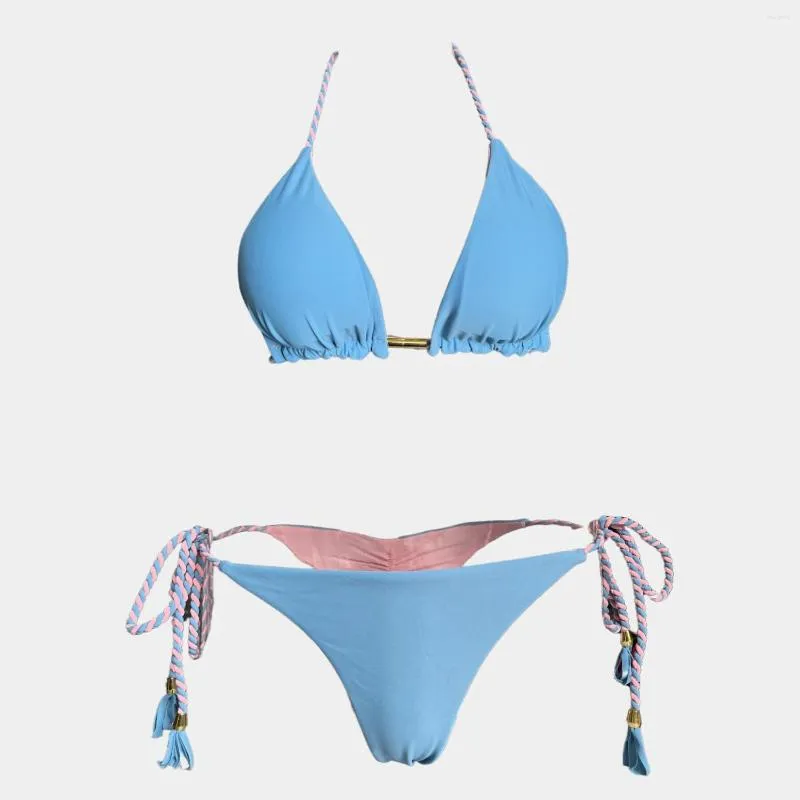 Kvinnors badkläder 2023 Sexig flätning rep bikini halter strappy kvinnor baddräkt kvinnlig låg midja baddräkt två stycken strandkläder badare