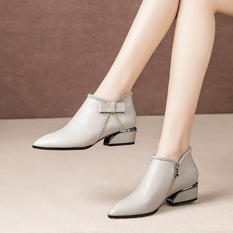 أحذية الربيع والخريف القوس السوستة الكعب الأوسط حجم كبير الأحذية قصيرة النساء المدببة وجهات مريحة الأحذية النسائية 230422