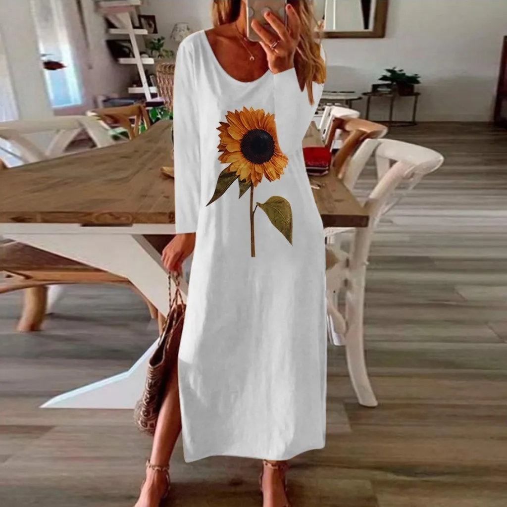 Sukienki swobodne słonecznik 3D Rozprzejmy letnia jesień sukienki Kobiety eleganckie białe długi rękaw maxi dla rozmiarów dla vestidos 230424
