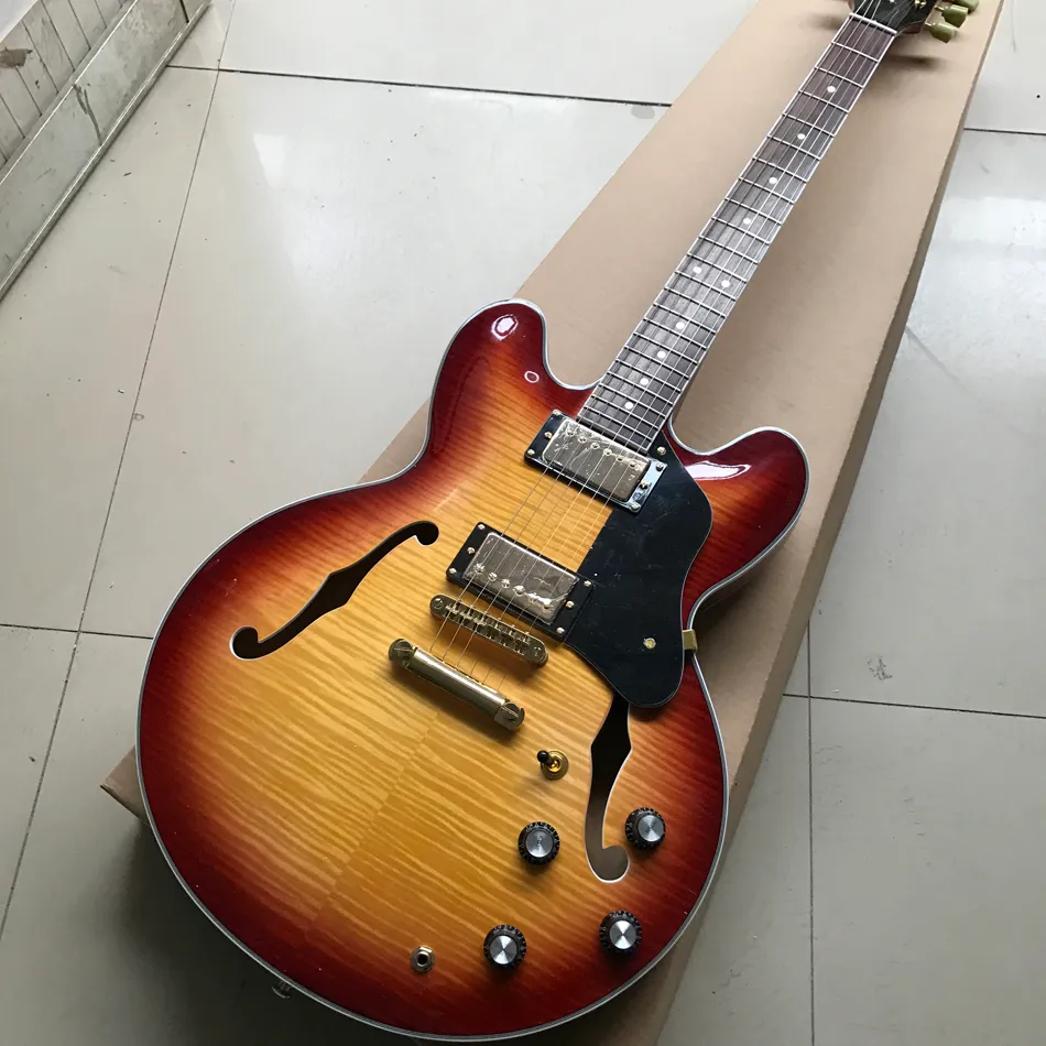 Sklep niestandardowy, wyprodukowany w Chinach, wysokiej jakości gitara elektryczna, hole f, kolor zachodu słońca, bezpłatna dostawa