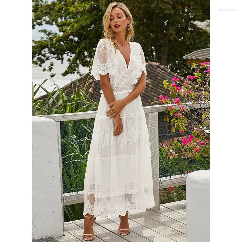 Storage Bags Hollow Out White Dress Sexy Women Long Lace Cross Semi-Sheer Plunge V-Neck Short Sleeve Maxi