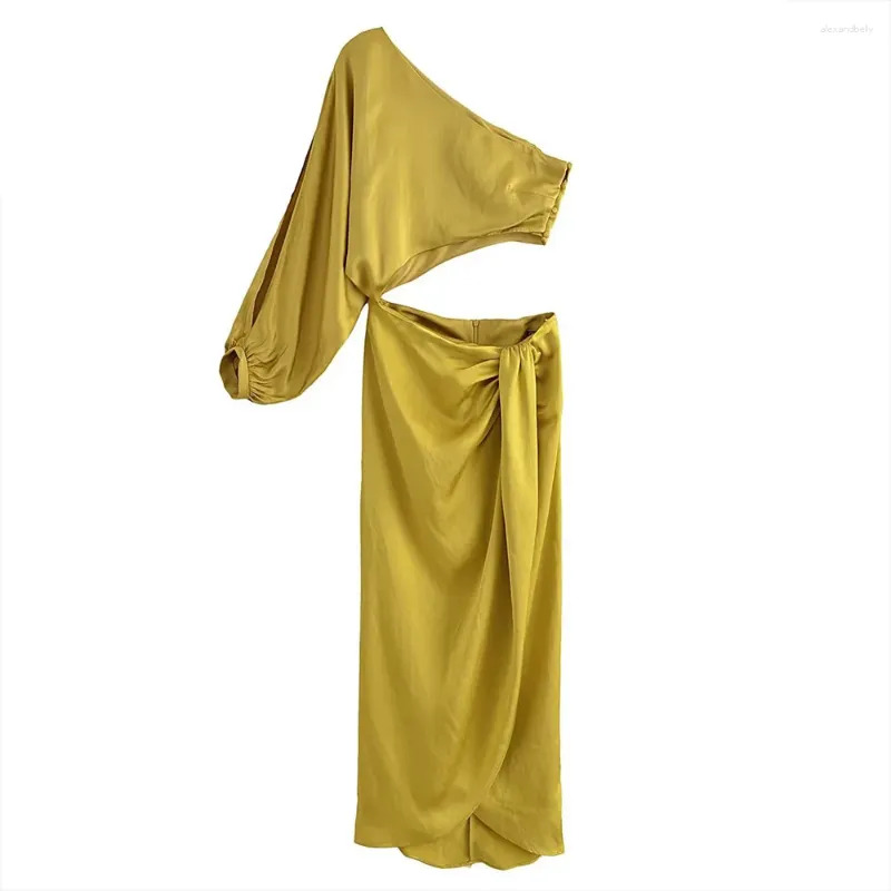 Casual Dresses Women's Fashion 2023 Unik Silk Satin Dress Retro Asymmetrisk design Sexig högkvalitativ lång öppning