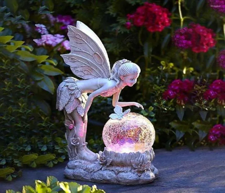 Dekoracje ogrodowe dekoracje na dziedzińcu trawnik Anioła statua miniaturowa rzeźba z światłami słonecznymi Wróżka kryształowa figurka 2733021