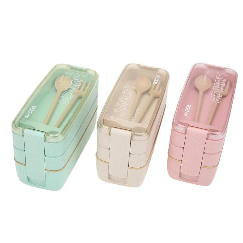 Bento Boxes 900Ml 3 Layers Box Ecofriendly Lunch Food Container Wheat St Materiale Microwavable Dinnerware Lunchbox W0246 Drop Delive Dhl8Q