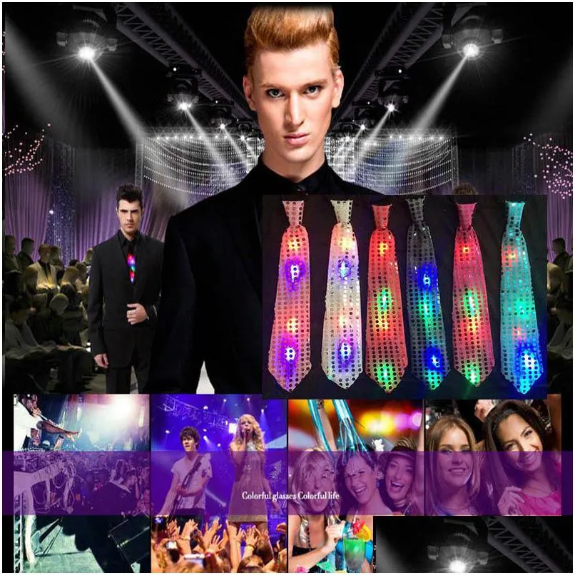 Party Decoration Adts Child Sequins Led Necktie Light Up Neck Tie Luminous Bowtie Flashing Favor Christmas Halloween Club Bar Stage Dh5Ae