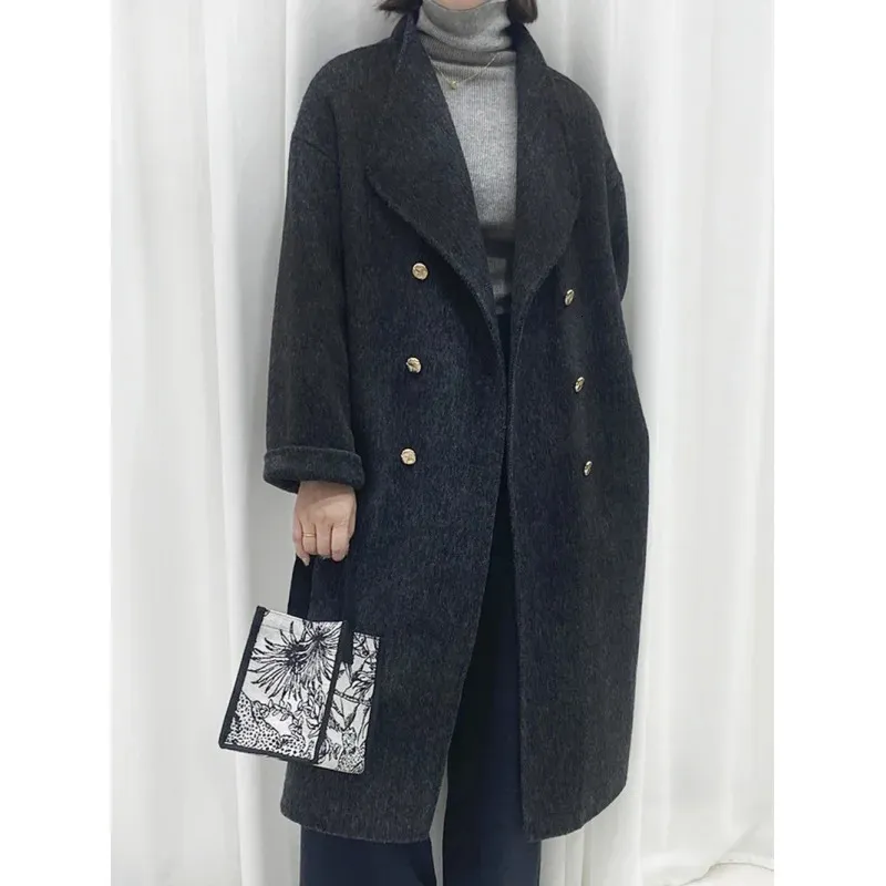 Manteau en fausse fourrure pour femmes, fait à la main, Long col montant, double boutonnage, en laine, étendu, élégant, automne et hiver 2023, 231123