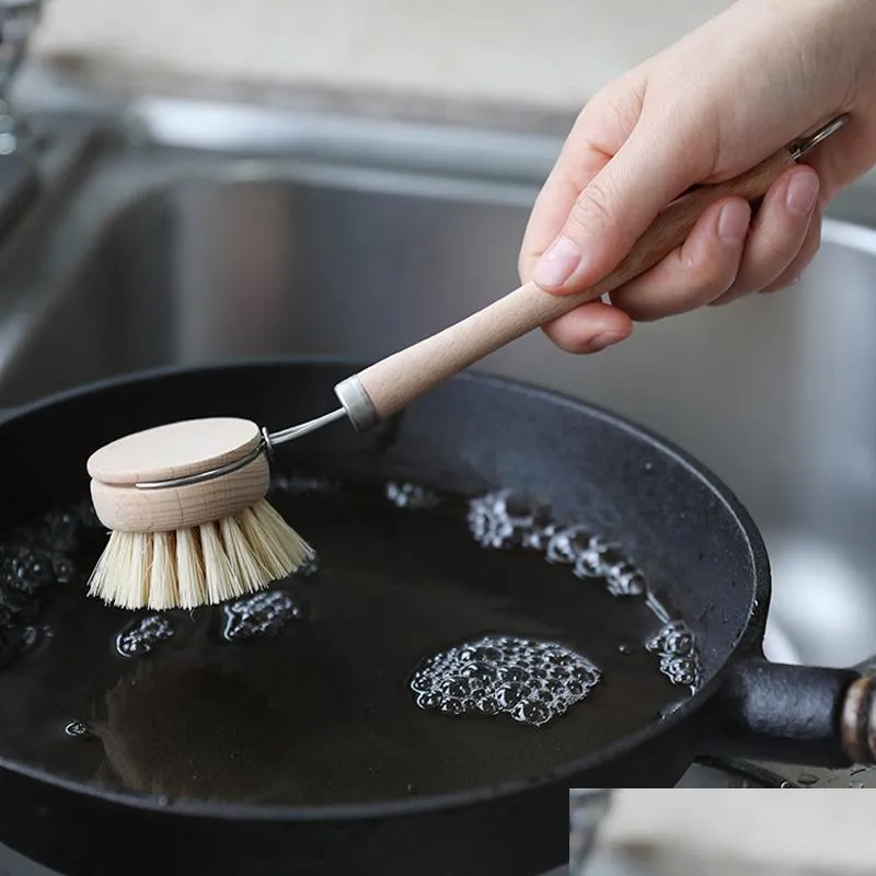 Spazzole per pulizia Spazzola in faggio naturale Manico lungo in legno Lavaggio Attrezzo da cucina multifunzionale per vaso per bottiglie Lx2712 Consegna a goccia Dhfaq