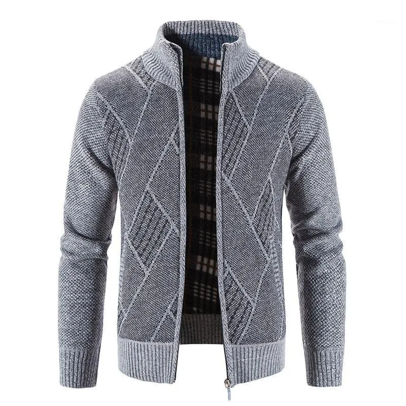 Męskie kurtki zimowe ciepłe grube długie rękawy oraz aksamitne bez kaptura sweter w kratę sweter dzianinowy stójka Argyle Jacket
