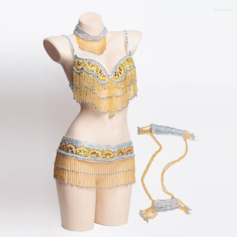 Scene Wear Women's Sexy Night Dance Carnival Topps Chain Pärled Belly Dancing Bra Belt Tribal Costume Set kläder