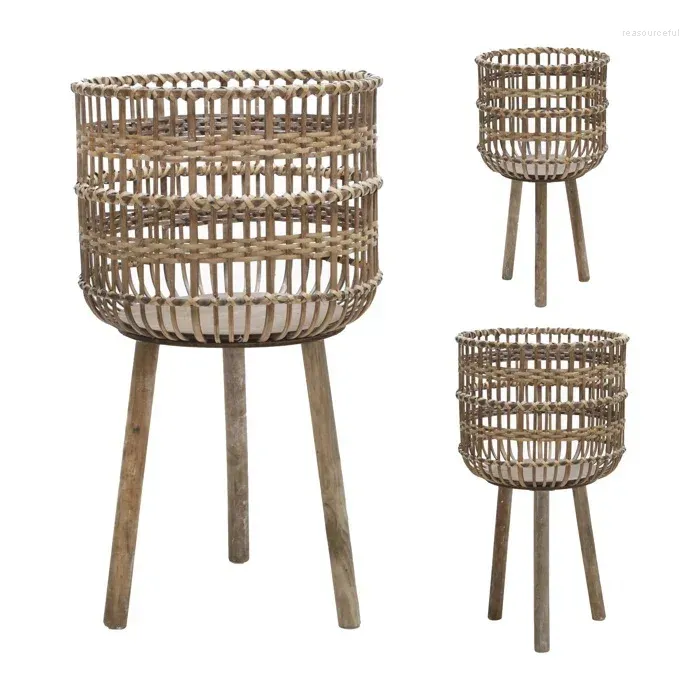 Vases Ensemble de trois supports de jardinière de style trépied en jute et en bois pour les restaurants de décoration intérieure extérieure