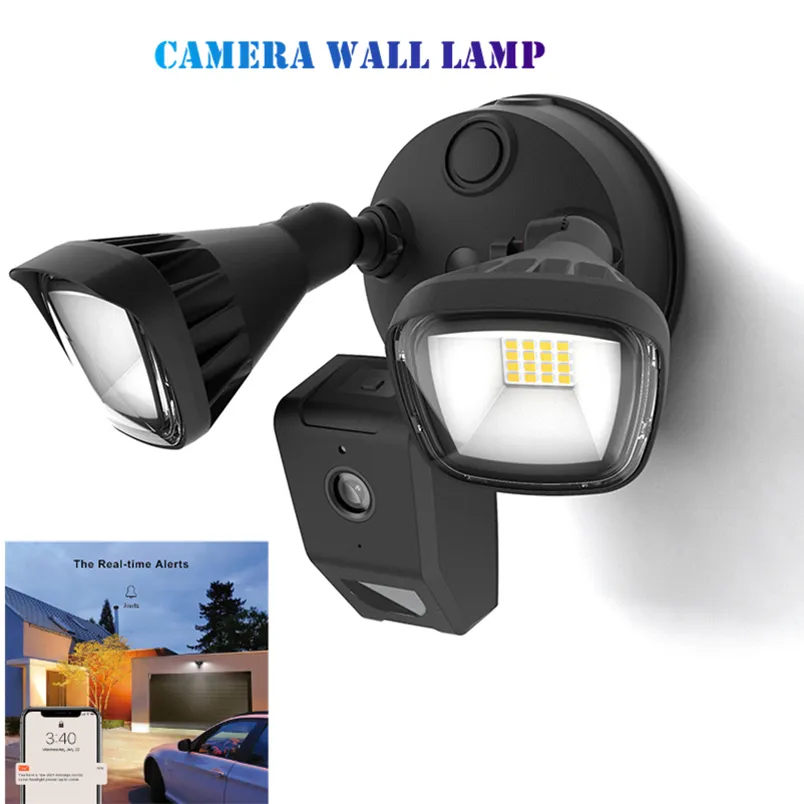 Éclairage de sécurité Camera Home Lampe murale extérieure Smart Lighting Flood Light wifi Projecteur double LED, activé par le mouvement, vue en direct HD, fonctionne avec Tuya, projecteur de garage