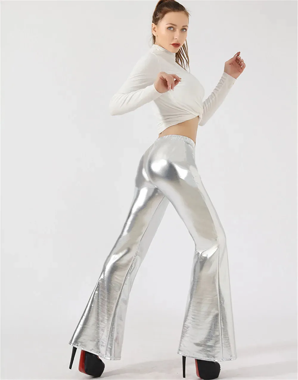 Womens Pants Capris Metallic Shinny Flared Sequins High Waist Stretchy Bell Bottom Flare Tall Girl Disco Wide Leg 231123