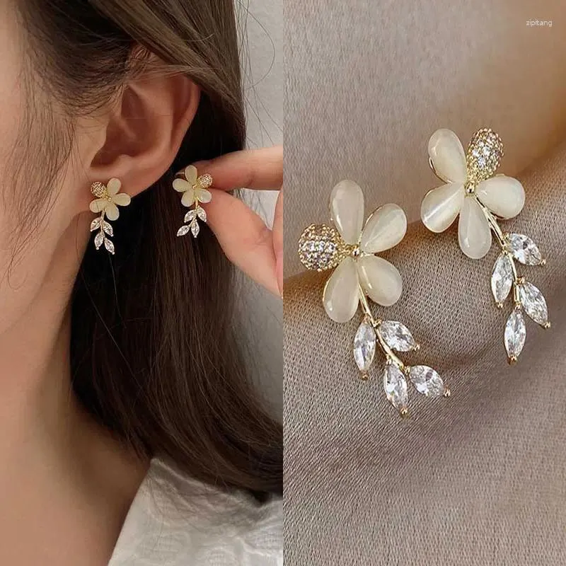 Boucles d'oreilles opale fleur feuille pour femmes, strass géométrique ovale carré, tendance, bijoux d'oreille de fête pour filles