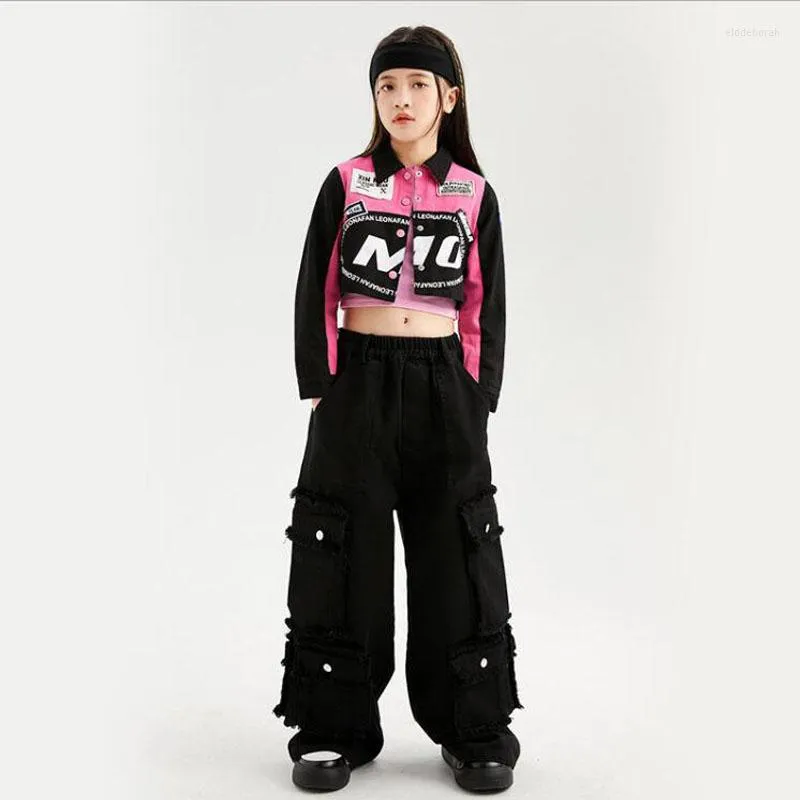 Stage Wear Kids Hip Hop Clothing Pink Racing Shirt Crop Tops Streetwear Baggy Cargo Pants For Girls Teenage Jazz Dance Costumes Clothes