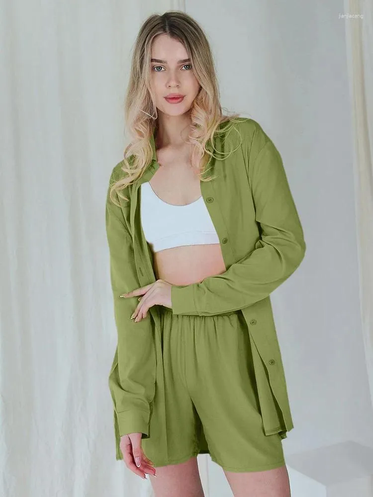 Hiloc – vêtements de nuit pour femmes, vert, manches longues, revers, vêtements de détente amples, ensemble taille haute, simple boutonnage, vêtements de maison, 2023