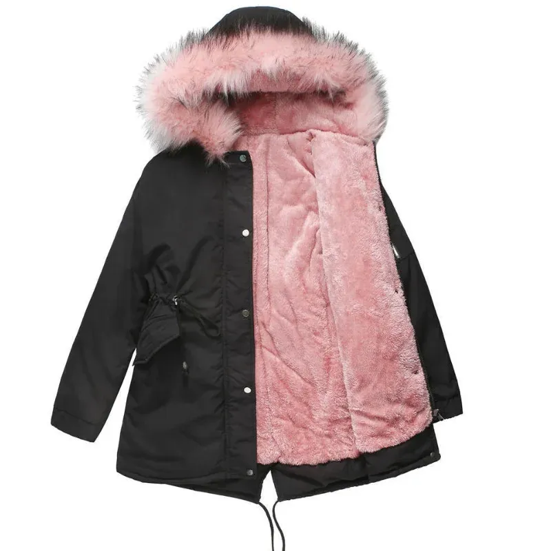 Women's Down Parkas Autumn Winter Ladie Jacka vadderad kappa mellanlängd Varm fleece huva faux päls krage dam överrock 231123