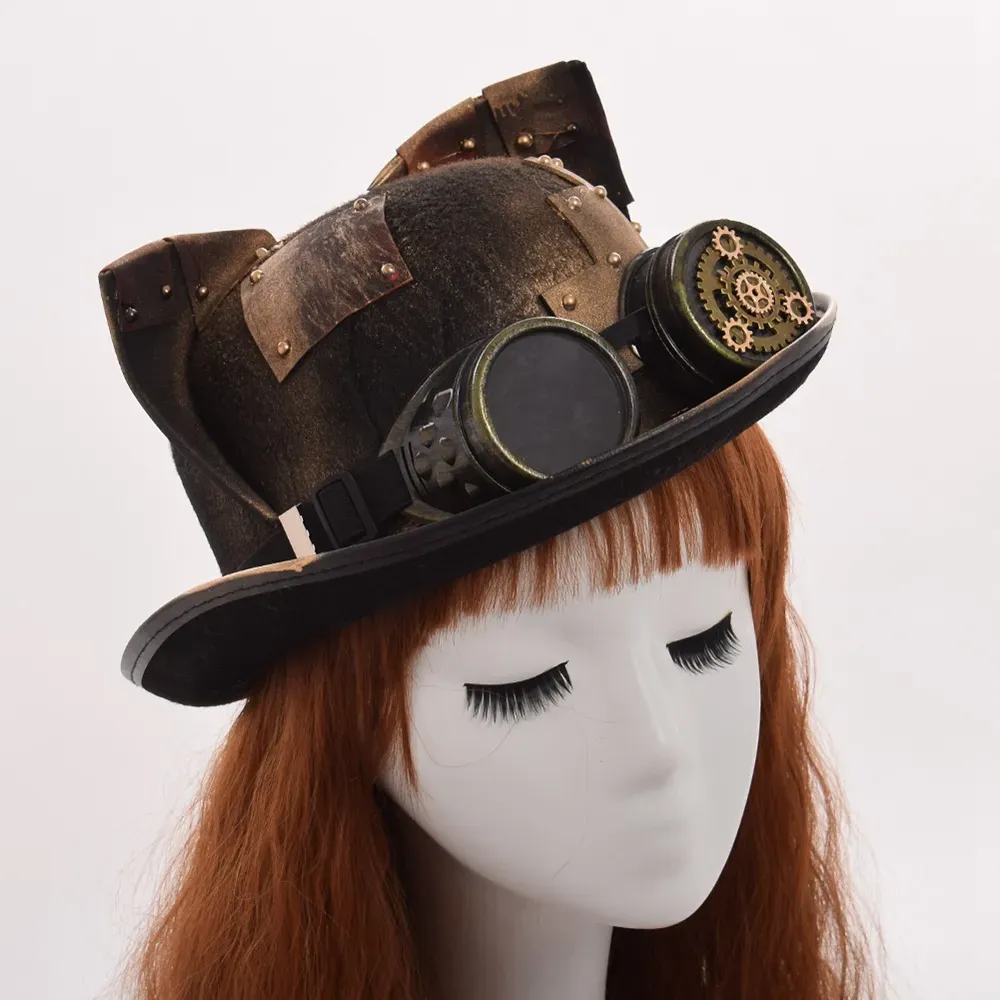 Retro Steampunk Hat Bowler Costume Accessories Women Men Vintage Lolita Cat Ears Gear Glasses Gold Patch Topper Top Hats Fedora Headwear Cosplay