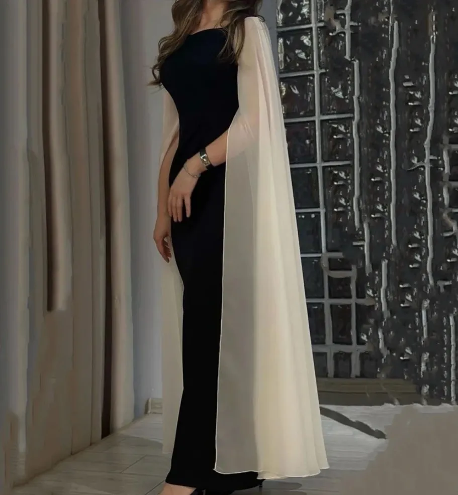 Ny ankomst Evening Pageant Dress 2024 Elegant Champagne Cape Sleeve Black Trumpet Women Prom Formal Party Gowns Robe de Soiree