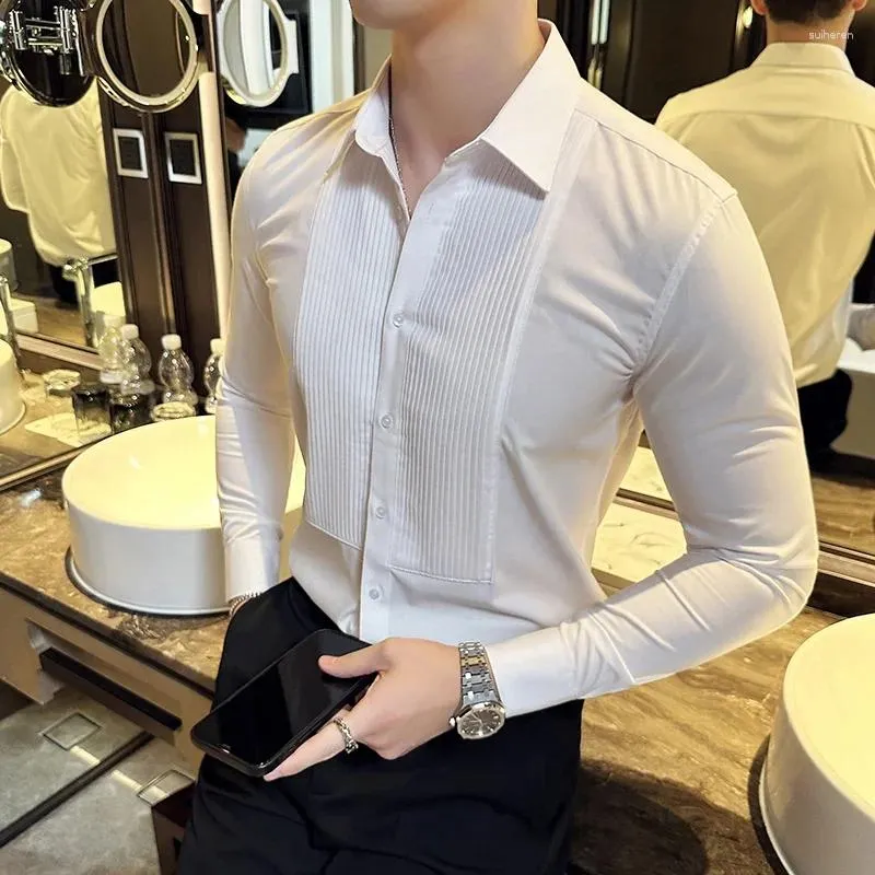 Camisas casuais masculinas 2023 vestido de negócios camisa manga longa splice plissado magro festa social banquete smoking blusa homens roupas