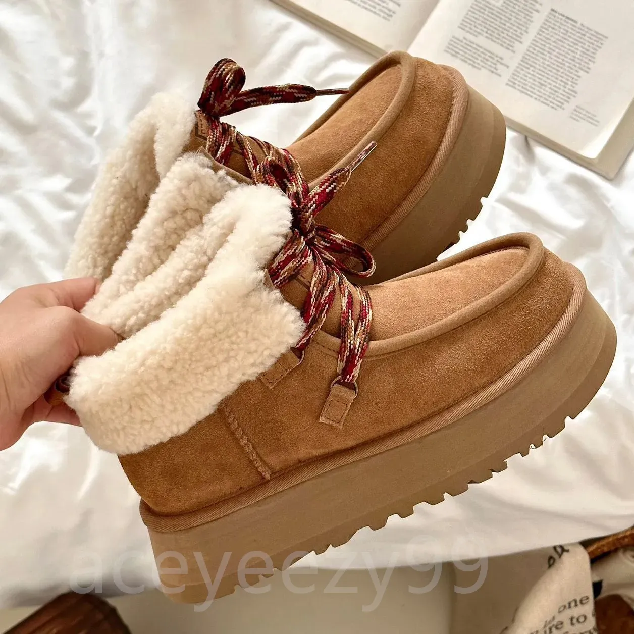 Botas de nieve de invierno, botines Funkarra, zapatos de plataforma para mujer, zapato de algodón con cordones de felpa de ante australiano, bota granate de lana cálida, talla 35-40