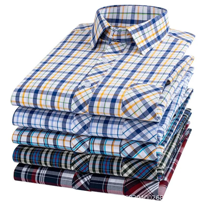 Men's Casual Shirts Spring And Summer Cotton Thin Plaid Long Short Sleeve Shirt All Loose Young Middle-aged