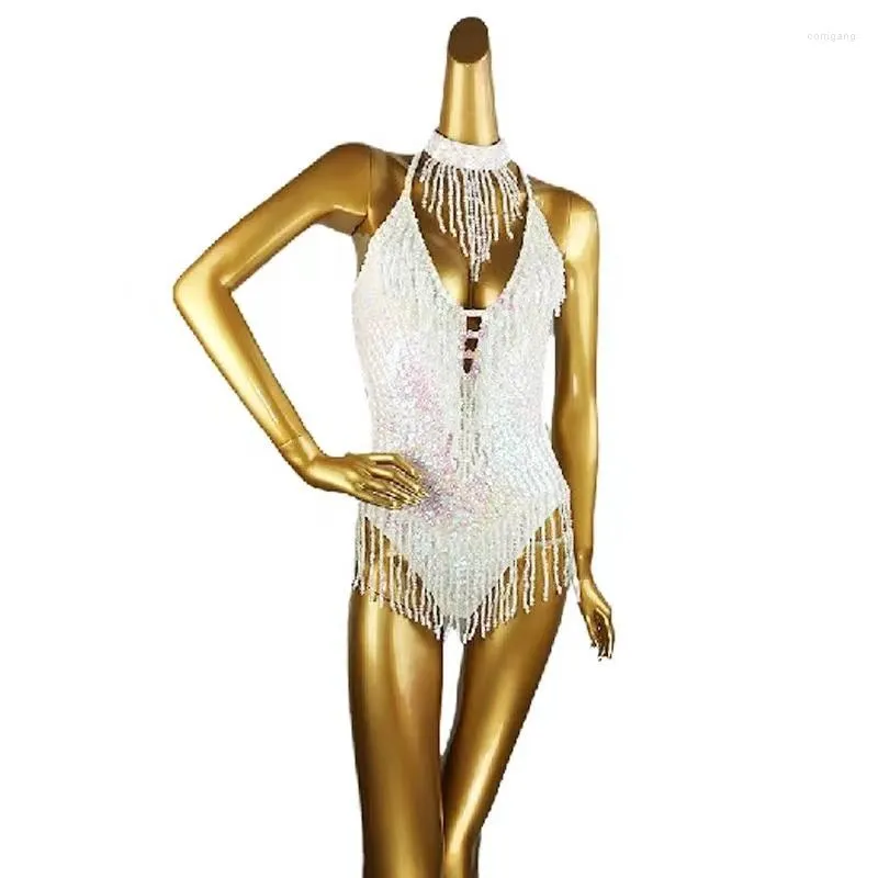 Bühnenkleidung Weiße Perlen Pailletten Bodysuit Samba Karnevalskostüm Bauchtanz Festival Rave Outfit Latin Party Performance Frauen